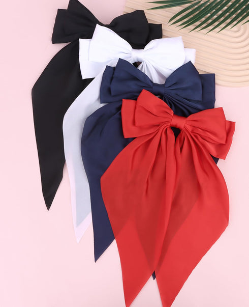 Wecoe 4pcs Big Hair Bows for Women, Cute Large Satin Hair Barrettes in White, Black, Navy Blue, Red