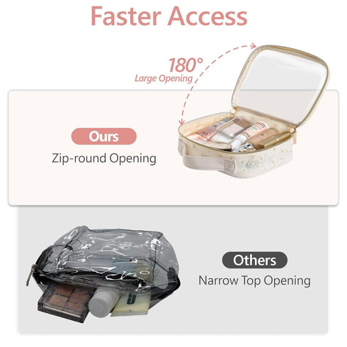 PACKISM Floral Texture Lace TSA Approved Toiletry Bag - 180° Large Opening Clear Makeup Bags for Traveling, Beige