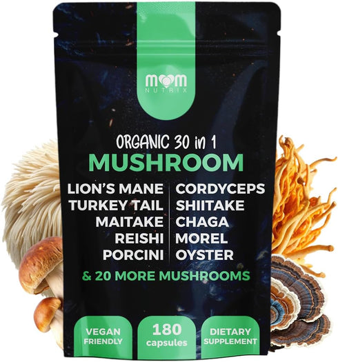 MOM NUTRIX 30 in 1 Ultimate Mushroom Supplement - 180 Mushroom Capsules, Organic -