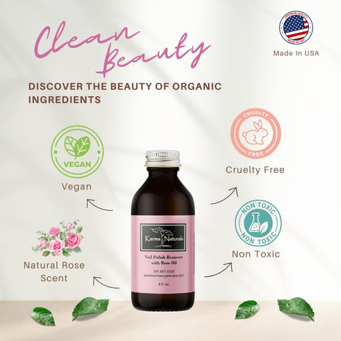 Karma Organic Nail Polish Remover with Rose Oil, Non-Toxic, Vegan, Acetone Free, 4 fl. Oz
