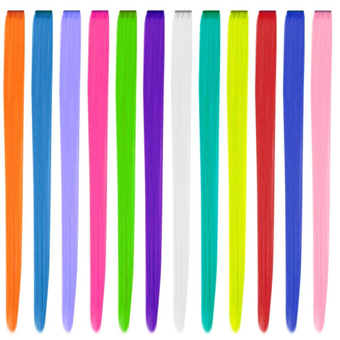 YaFex 12 Pcs 22 Inch Clip in Hair Extensions, Rainbow Colored Party Highlights Long Straight Synthetic Hairpieces for