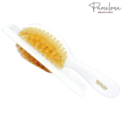 Parcelona French Grooming Combo, 6" White Celluloid Baby Brush and Comb for Girls and Toddlers Hair Styling