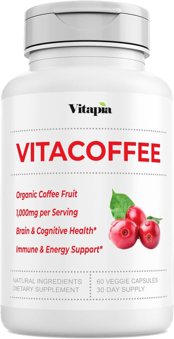 Vitacoffee Caffeine Pills - 60 Veggie Capsules - Coffee Fruit, Vitamin C, D, Zinc Gluconate - Energy, Memory, Focus,
