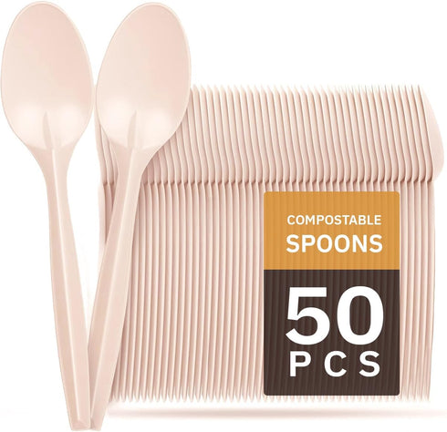 100% Eco Friendly Compostable Spoons, 50 Large Disposable Utensils, Cornstarch Based, Durable and Heat Resistant