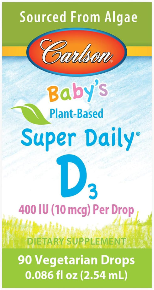 Carlson Baby's Plant-Based Super Daily D3, Vegetarian Liquid Vitamin D Drops, 400 IU per Drop, 90 Drops