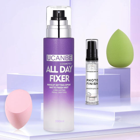 UCANBE Makeup Setting Spray + Face Primer + Makeup Sponge - Gel-Based Hydrating Primer, Long Lasting Matte Finishing