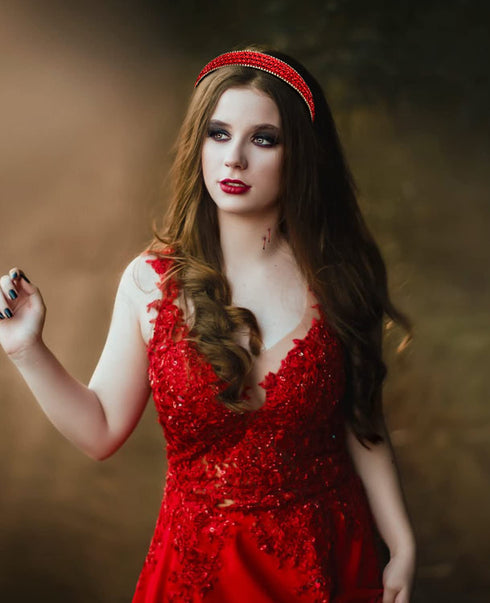 Wecoe Rhinestone Headband for Women Girls, Red Bling Sparkly Crystal Diamond Hair Accessories for Holiday Prom Gift