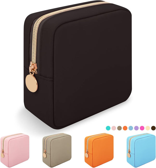 Iqimott Nylon Mini Makeup Bag, Preppy Small Cosmetic Pouch, Waterproof Zipper Purse for Women and Girls
