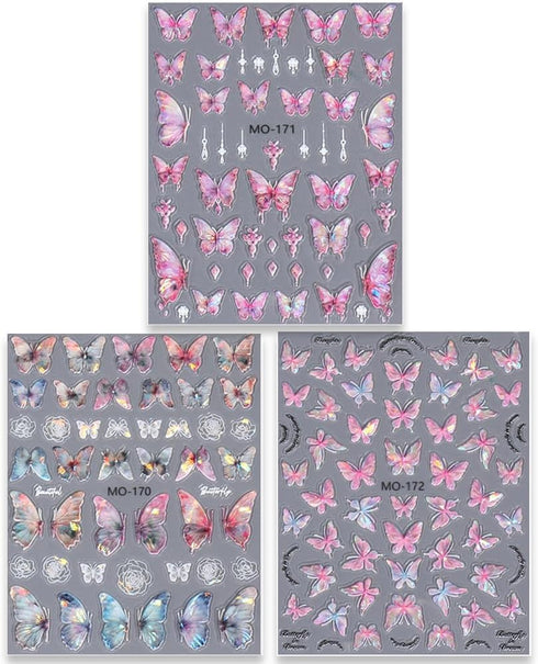 5D Aurora Butterfly Nail Stickers for Women, Cartoon Butterfly Nail Art Decals for Nail Designs