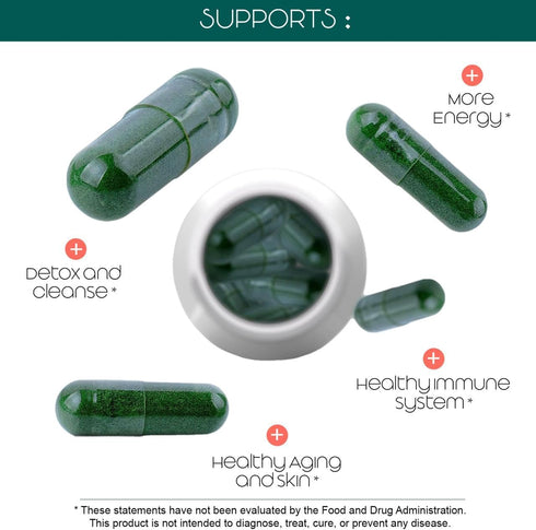 Organic Spirulina and Chlorella Capsules - 180 Chlorophyll Pills to Support Detox, Mitochondria & Energy