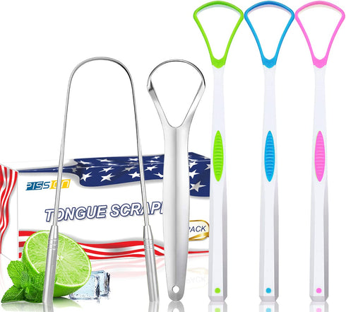 Tongue Scraper Cleaner for Adults and Kids, 5 Pack 100% BPA Free Reusable Stainless Steel Tools for Bad Breath