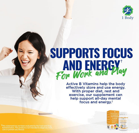 1 Body Vitamin B Complex Twin Pack – 5-MTHF Folate with B1, B2, B5, B6, Methyl B12, Niacin, Biotin – 60 Capsules Each.