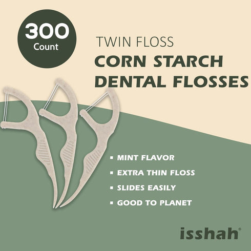 Natural Dental Floss Picks, 300 Count - Plant Based, PETA Approved Vegan, Eco-Friendly Twin Floss (Mint)