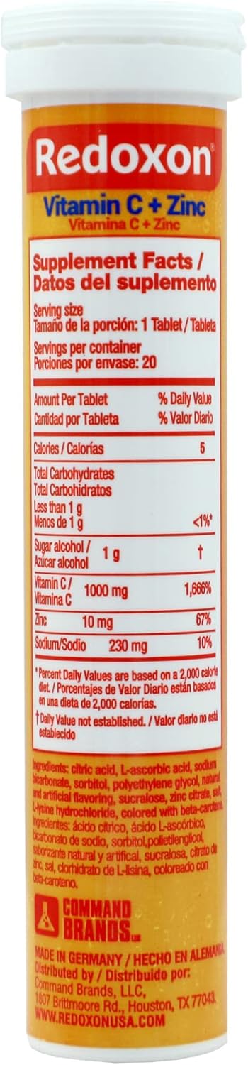 Redoxon Vitamin C + Zinc, Effervescent Tablets, Immune Support, Orange Flavor, 20 Tablets