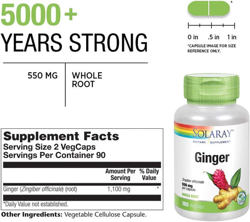 Solaray Ginger Root 1100mg, Healthy Digestion, Joints, Stomach Support, Non-GMO, Vegan, 180 VegCaps