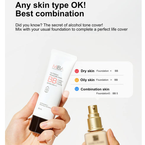 MIBA Ion Calcium Mineral BB Cream, 50ml / 1.69 fl.oz, Thin Coverage, Long Lasting, Minimal Chemicals