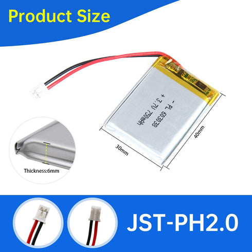Qimoo 603038 3.7V 750mAh 603038 Pack PH2.0mm Lipo Battery Rechargeable Lithium Polymer Battery with JST Connector