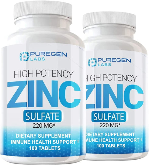 Puregen Labs Zinc Sulfate 220 mg Dietary Supplement Tablets, 100 Count (Pack of 2)