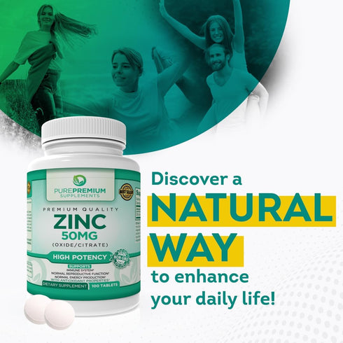 PurePremium Zinc 50mg - Immune Support Supplements for Men & Women, 100 Tablets, High Potency Natural Antioxidant