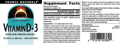 Source Naturals Vitamin D-3 1000 iu, Supports Bone & Immune Health, 200 Softgels