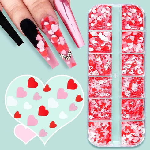 Valentines Nail Glitters, Holographic Heart Nail Glitter Sequins Red White Heart Butterfly Flowers Mixed Design Valentines Day Nail Art Stickers Decals Manicure DIY Nail Decoration(12Girds) by Qdsuh