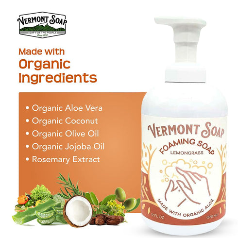 VERMONT SOAP Organic Lemongrass Zen Foaming Hand Soap, Natural Moisturizing Liquid Soap for Dry Skin - 12 oz