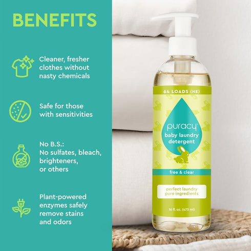 Puracy Liquid Baby Laundry Detergent - 16oz, Natural, Scent-Free, Gentle with Stain Fighting Enzymes