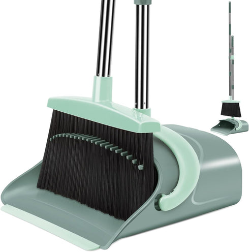 Broom and Dustpan Set with Long Handle, Dustpan Comb, Jade Green Broom and Dustpan Combo for Home