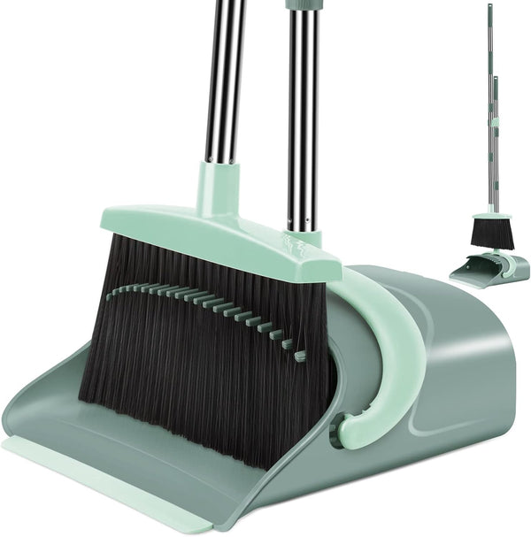 Broom and Dustpan Set with Long Handle, Dustpan Comb, Jade Green Broom and Dustpan Combo for Home