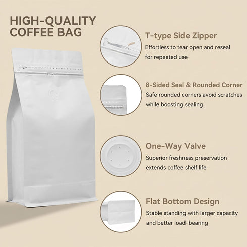 XlentPac (16oz, 100pcs) Packaging Coffee Bags with Valve White Aluminum Foil Flat High Barrier Bottom Standing Coffee