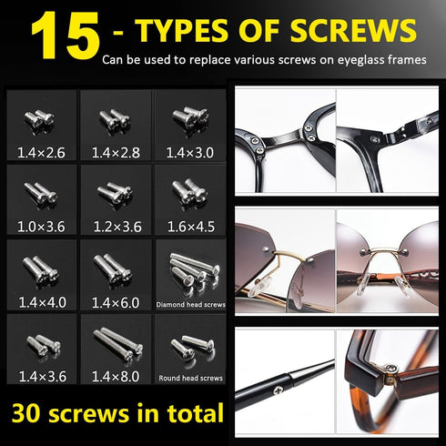 PTSLKHN Eye Glass Repairing Kit, Eyeglass Screwdriver with Screws, Small Precision Screwdriver, 15 Types Eyeglass Screws