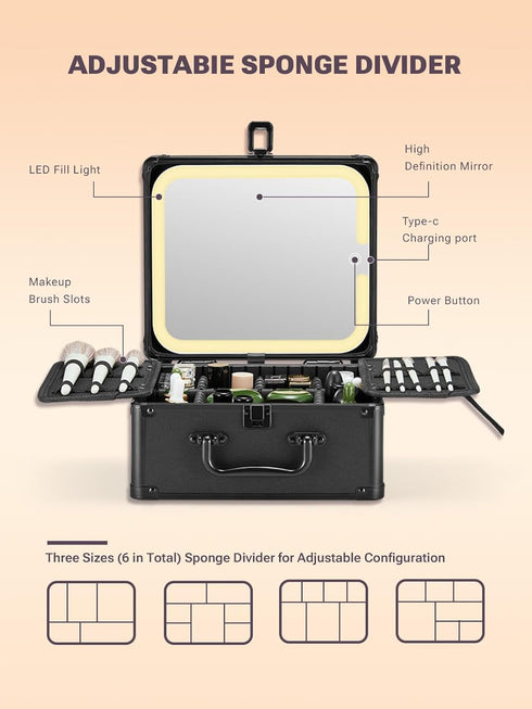 Qislee Makeup Box with Detachable Lighted Mirror, Waterproof Travel Case, Cosmetic Organizer with Adjustable Dividers