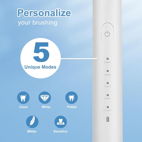 Set 5 5 50-Day IPX7 2-Min Sonic Electric Toothbrush for Adults, Modes Rechargeable Toothbrush with Brush Heads, Battery