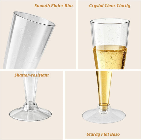 Torchero 4.5 OZ, 100 Count, Placstic Champagne Flutes Disposable, SilverGlitter, Party Supplies for Women's Day