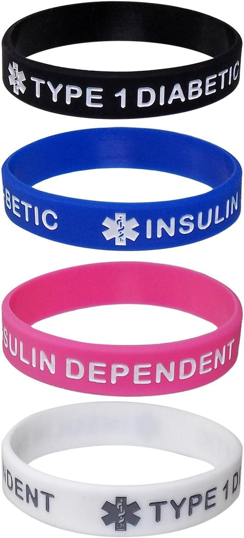 TYPE 1 DIABETIC INSULIN DEPENDENT Child Size Silicone Wristbands, Black, White, Blue and Pink (4 Pack)