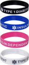 TYPE 1 DIABETIC INSULIN DEPENDENT Child Size Silicone Wristbands, Black, White, Blue and Pink (4 Pack)