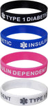 TYPE 1 DIABETIC INSULIN DEPENDENT Child Size Silicone Wristbands, Black, White, Blue and Pink (4 Pack)