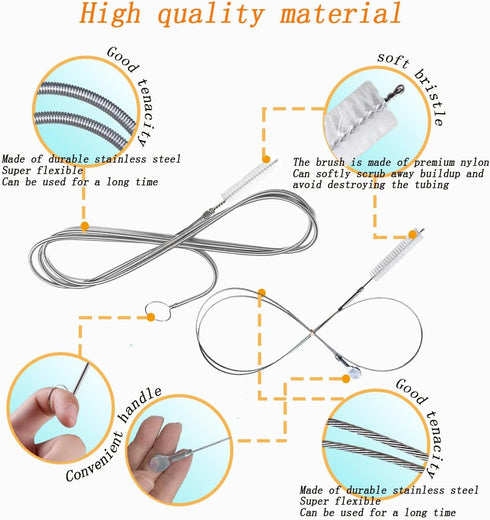 2-Pack Flexible Nylon Drain Pipe Hose, Slim Feeding Tube Cleaner with Stainless Steel Brush (61"+40")