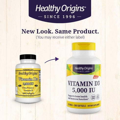 Healthy Origins Vitamin D3 5,000 IU - Immune Support & Bone Health Supplement - 360 Gluten-Free Softgels