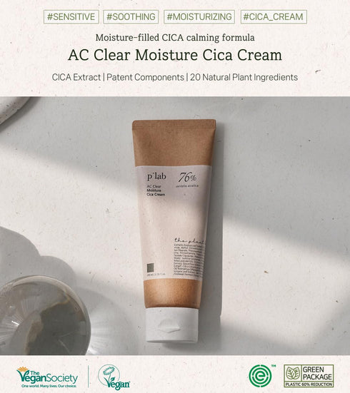 THE PLANT BASE AC Clear Moisture Cica Cream 100ml / 3.38 Fl oz | Moisturizing Facial cream | Centella asiatica 76% | Korean Skincare | Plant extracts base | CICA