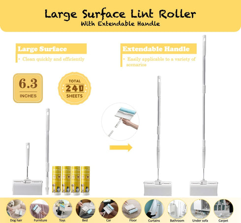 Large Surface Lint Roller with Extendable Long Handle, 6.3'' Wider, 240 Sheets for Cleaning Furniture, Carpet, Floor,