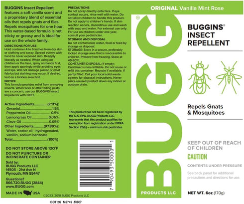 BUGGINS Original Insect Repellent, DEET Free, Non-Greasy, 6 oz Continuous Spray Can for Mosquitoes & Gnats