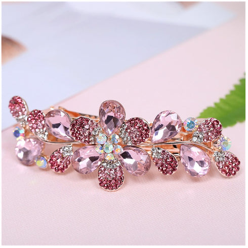 Ruihfas Women Girls Crystal Rhinestone Flower Pattern Hair Spring Clip - Sweet Hair Accessories (Pink)