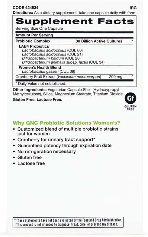 GNC Probiotic Solutions Women's with 30 Billion CFUs | Clinically Studied Multi-Strain for Women, Supports Digestive and Immune Health, Vegetarian | 30 Capsules