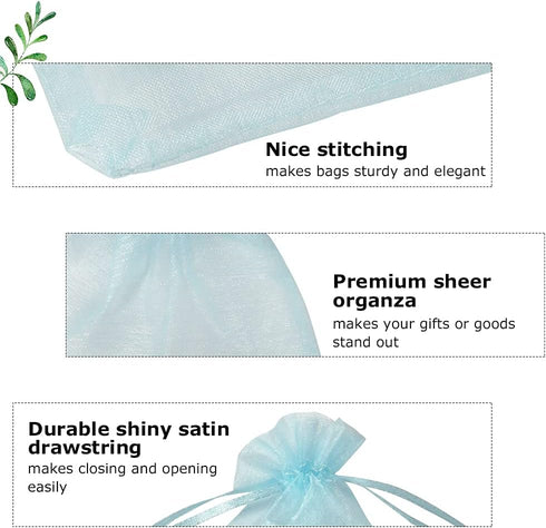 HRX Package 100pcs Organza Favor Bags 4 x 6 inch, Light Blue Mesh Drawstring Sheer Jewelry Pouches for Baby Shower Party