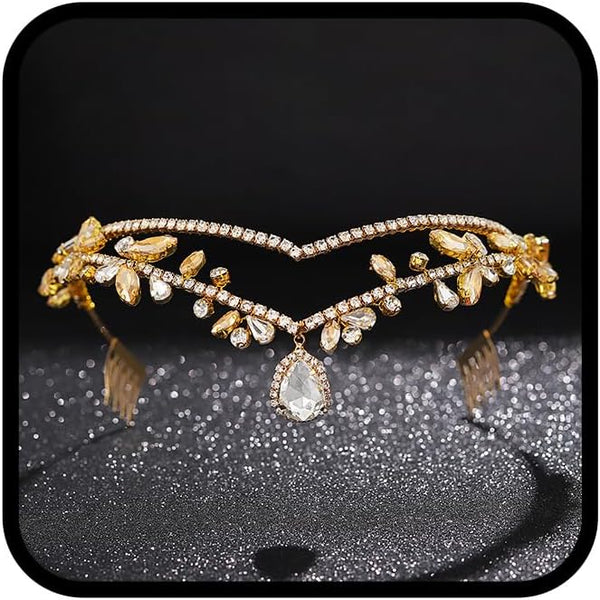 CLOACE Rhinestone Headband, Gold Leave Pendant Headpiece, Crystal Hair Accessories for Women and Adult Bride