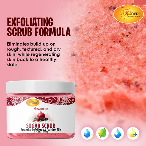 SPA REDI Sugar Body Scrub, Pomegranate, 16 Oz, Exfoliating, Moisturizing, Hydrating, Nourishing Body Exfoliator