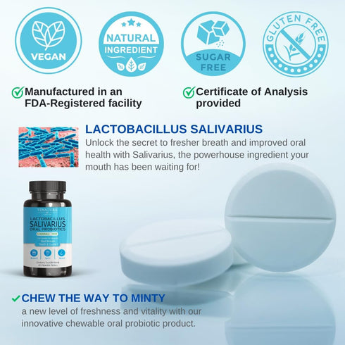 Lactobacillus Salivarius Oral Probiotics - 45 Chewable Mint Tablets for Bad Breath, Dental Health for Teeth, Gums,
