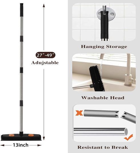 Pet Rubber Broom with 49inch Long Handle - Portable Detailing Lint Remover for Fluff Carpet, Hardwood, Tile