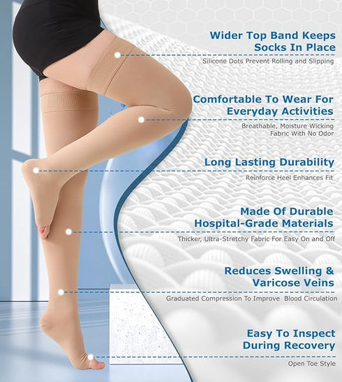 MGANG Medical Thigh High Compression Stockings, Pair, Open Toe, 20-30 mmHg, Beige M for Men & Women